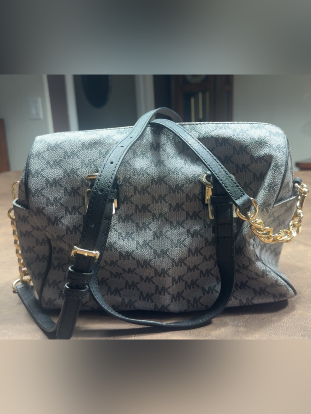 Michael Kors Black & Gray Signature Chain-Accent Shoulder Bag